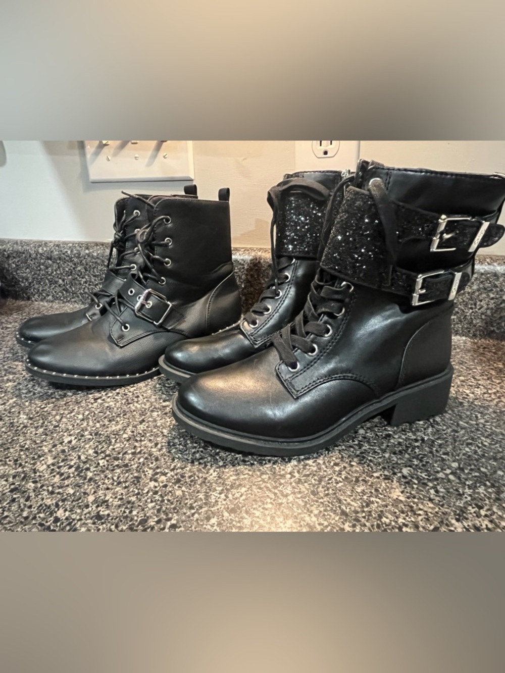 Women’s Black Lace-Up Combat Boots One with Glitter Flap and One with Buckle